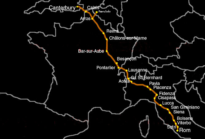 het traject van de middeleeuwse bedevaartsweg 'via francigena' naar Rome