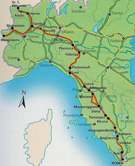 het traject van de Via Francigena in Italië