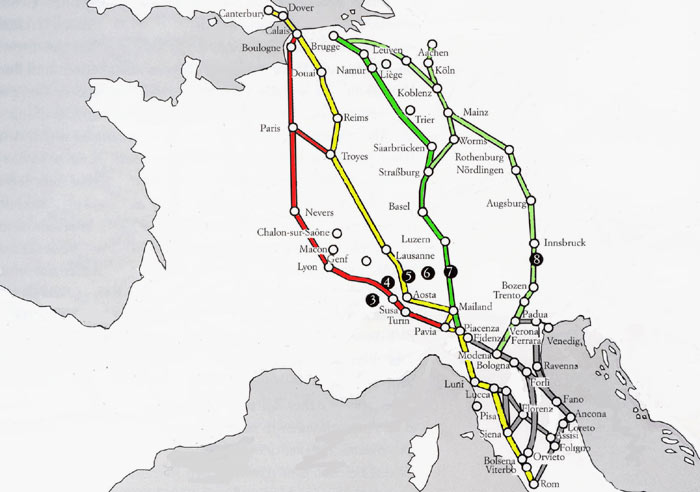 De voornaamste bedevaartswegen vanuit noordelijk Europa naar Rome