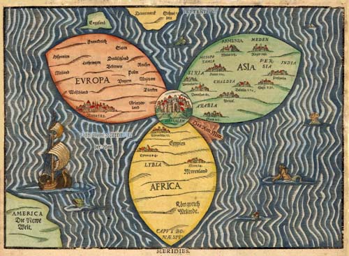 Jeruzalem, centrum van de aarde (in klaverbladvorm) en wereldzeeën. Heinrich Bünting. Magdeburg, 1585