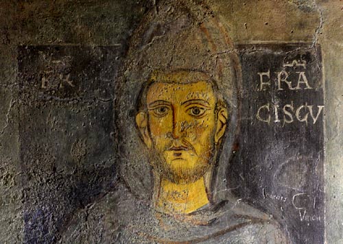 de H. Franciscus van Assisi, wiens volgelingen de kruisweg in Jeruzalem vorm hebben gegeven. Fresco. Subiaco, San Benedetto-klooster.