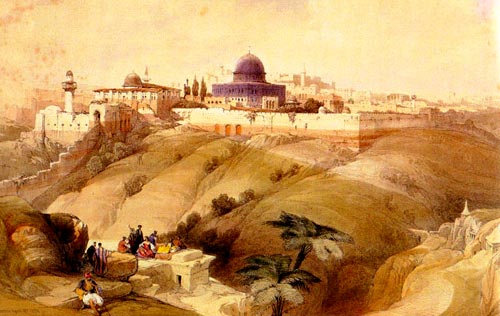 Jeruzalem gezien vanaf de Olijfberg. (David Roberts, ets, 19de eeuw).