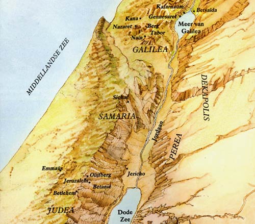 kaart van Palestina ten tijde van Jezus, bij het begin van onze tijdrekening.