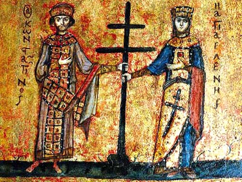 keizer Constantijn en zijn moeder met het H. Kruis (byzantijns model). Fresco. Jeruzalem, Toren van David, museum
