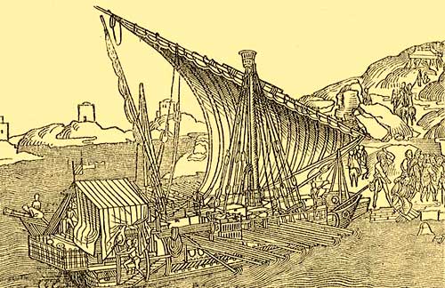 galeischip voor reizigers op de middellandse Zee. 15de eeuwse ets. Bernard von Breydenbach. 