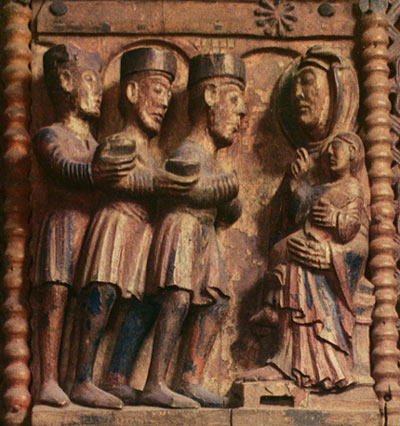Driekoningen. Paneel op de houten romaanse deur (1065) van de kerk van St. Maria im Kapitol in Keulen