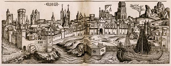 Zicht op Keulen aan de oever van de Rijn. Hartmann Schedel, 1493