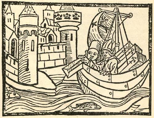 Aartsbisschop von Dassel arriveert met zijn boot in Keulen, met aan boord de 3 doodskisten van de 3 Wijzen. Houtsnede, 1480, uit 'Die Legende von den Heiligen Drei Königen' (J. von Hildesheim)