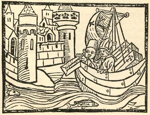 Aartsbisschop von Dassel arriveert met zijn boot in Keulen, met aan boord de 3 doodskisten van de 3 Wijzen. Houtsnede, 1480, uit 'Die Legende von den Heiligen Drei Knigen' (J. von Hildesheim)