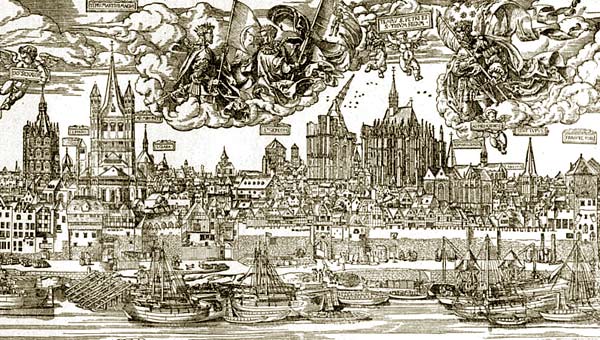 zo zag Keulen eruit in 1531. Houtsnede van Anton Woensam. Aan de rechterkant staat de gedeeltelijk afgewerkte Dom, met links ervan een grote houten hijskraan.