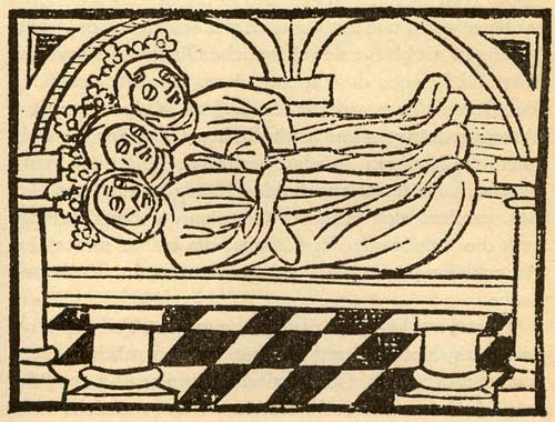 De 3 Wijzen, opgebaard na hun dood in de kerk van Seuwa. Houtsnede,<br> 1480 uit 'Die Legende von den Heiligen Drei Königen' (J. von Hildesheim)