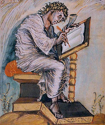 de evangelist Mattheus, die als enige het verhaal brengt over de Wijzen uit het Oosten. Vroeg-karolingische miniatuur, 840. Evangeliarium van Obbo (Epernay, Bibl. Municipale).