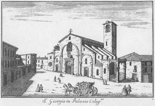 In de klokketoren van deze kerk San Giorgio in Palazzo werden de Driekoningen-relieken verborgen. (Ets van Marc'Antonio Dal Re van ca. 1745)