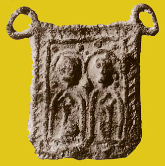 pelgrims-insigne met de apostelen Petrus en Paulus. Vatikaanse Bibliotheek, 13de eeuw