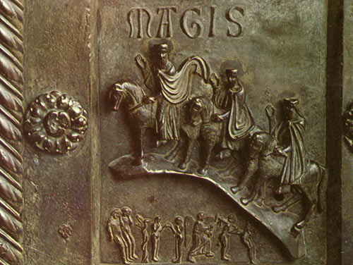 Driekoningen. Bonanno Pisano, 1187. Paneel op de bronzen San Ranieri-poort van de kathedraal van Pisa.