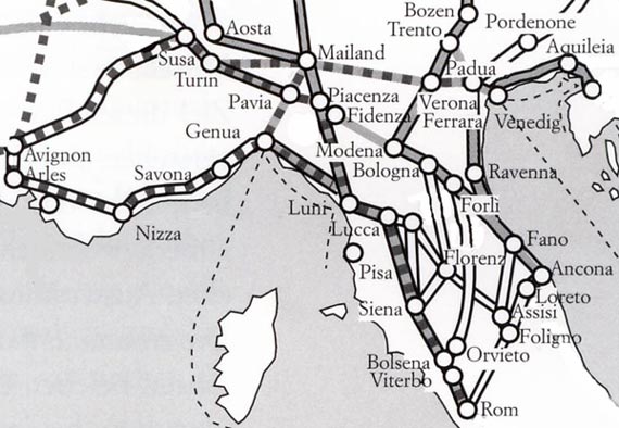 Het netwerk van Italiaanse bedevaartswegen naar Rome vanaf de 14de eeuw