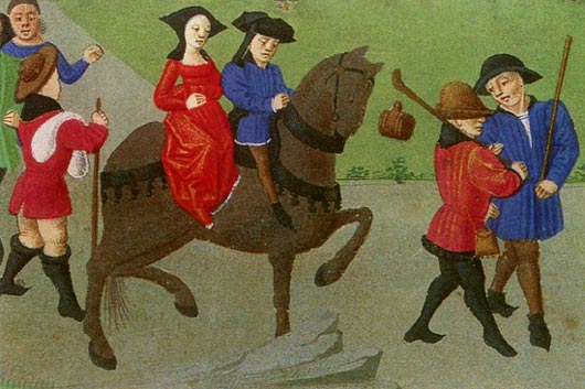 pelgrims te voet en te paard. Miniatuur, 1455, Getijdenboek Hertogin van Boergondië