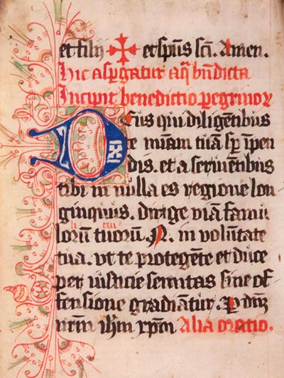 Tekst van de zegening van de pelgrims in een 'Rituale Romanum' uit de 15de eeuw (Brugge, Stadsbibliotheek)