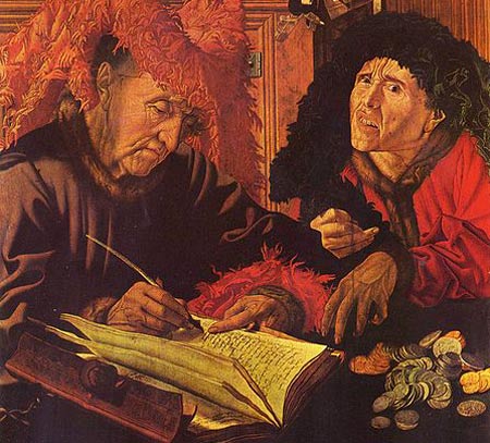 De kandidaat-pelgrim brengt zijn financiële zaakjes in orde. Schilderij, M. van Reymerswaele, 1540. (Londen, National Gallery)