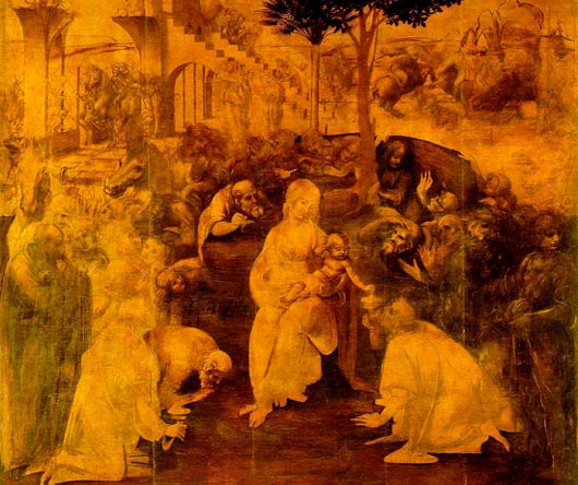 de aanbidding der Koningen. Leonardo da Vinci. 1481. (Firenze, Uffizi).