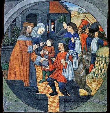 Voedseluitdeling aan pelgrims en armen. Miniatuur einde 15de eeuw. Gent, St.-Baafskathedraal