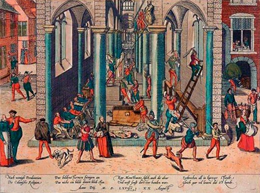 de plundering van een kerkinterieur. Frans Hogenberg. Ets. 20 augustus 1566