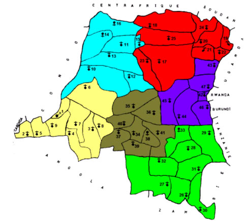 kaart van de DR Congo met de bisdommen