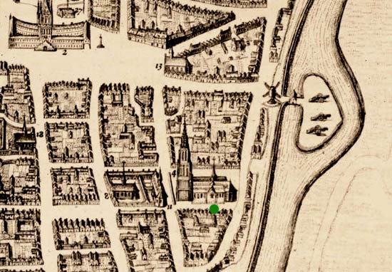 situering van het huisje van de zusters bij de St.-Jakobskerk op een kaart van Joan Blaeu 1649)