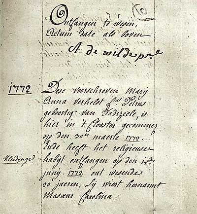 vermelding van intrede en kleding van Zr. Carolina Verhelst (1772) door priorin A. De Wilde in haar 'Jaer-Boek' (1783)