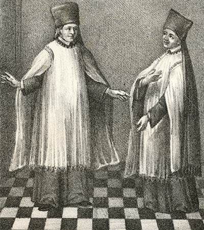 De 2 stichters van het O.-L.-Vrouwhospitaal van Doornik. Links kanunnik Marcel, rechts zijn broer kanunnik Gudulfus. Afb. uit boek van Yves Delannoy. Notice historique sur divers hospices de la ville de Tournai. Doornik, Casterman, 1880.