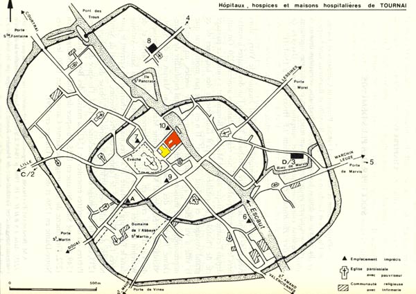 Situering van het oude (geel) en nieuwe hospitaal (rood). Jacques Pycke. Grondplan van Doornik op het einde van de 13de eeuw.