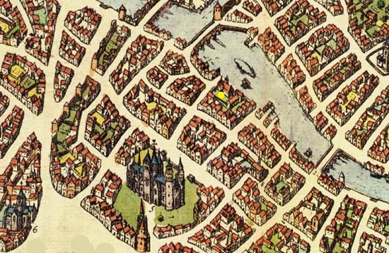 Het 2de hospitaal (met gele stip) aan de Schelde-oever. Plattegrond van Doornik. Braun en Hogenberg, Civitates Orbis Terrarum, 1588.