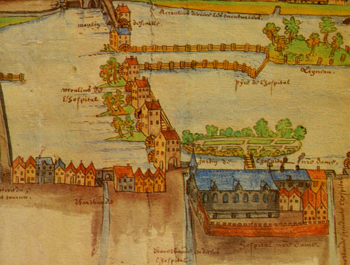 Het O.-L.-V.-Hospitaal. Fragment van een kaart met de loop van de Schelde (1622). Doornik, Mus. archeologie en geschiedenis