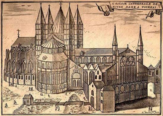 de imposante romaans-gotische kathedraal van Doornik in 1720