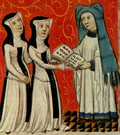 De hospitaalkanunnik overhandigt 2 zusters het boek met de statuten. Miniatuur, 14de eeuw. Doornik, kathedraalschat.