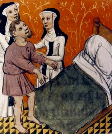 Twee zusters begeleiden een zieke naar zijn bed. Miniatuur, 14de eeuw. Doornik, kathedraalschat.