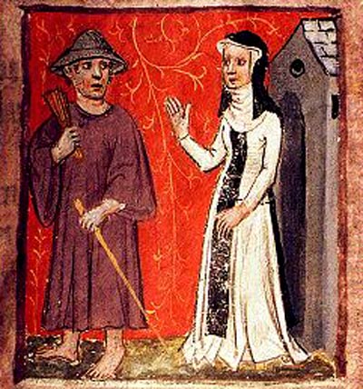 Een zuster weigert een melaatse (met ratel) de toegang. Miniatuur, 14de eeuw. Doornik, kathedraalschat.