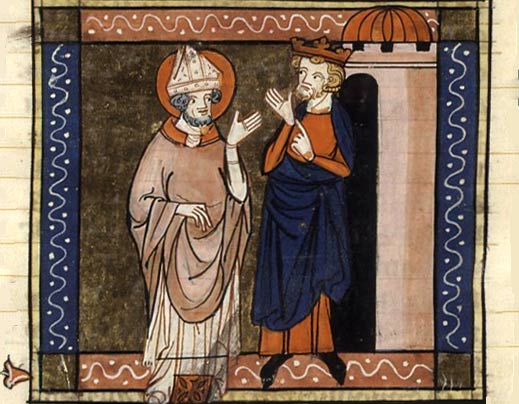 St.-Remigius (links) met Clovis I. Miniatuur Legenda Aurea, Jacobus de Voragine, 14de eeuw.