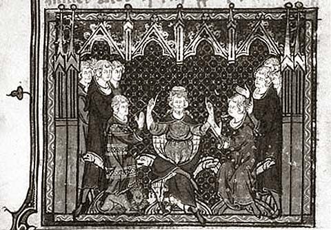 Karel Martel verdeelt zijn Frankisch Rijk tussen zijn zonen Pepijn en Carloman (rechts). Miniatuur (Grandes Chroniques de France), 13de eeuw. Parijs, BN.