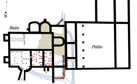 Plattegrond van een mansio in Szzhalombatta-Dunafred (Hongarije).