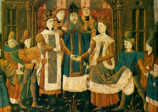 Huwelijk van koningin Brunhilde (rechts) en Sigebert I. Miniatuur, 15de eeuw. Parijs, BN.
