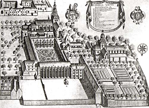 De abdij St.-Pierre in Corbie. Ets, 1677. Monasticon Gallicanum