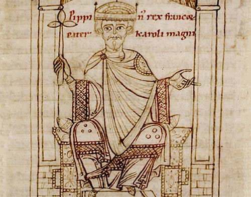 Pepijn de Korte. Miniatuur, keizerlijke kroniek (Anonymi chronica imperatorum), 1112. Oxford,  Corpus Christi College.