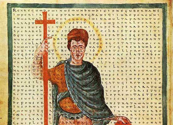 Lodewijk de Vrome als soldaat van Christus. Miniatuur uit de School van Fulda, 826.
