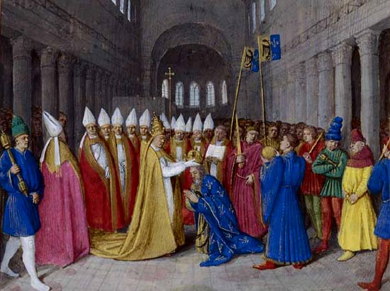 De kroning van Karel de Grote tot keizer door de paus. Jean Fouquet, 1455. Grandes Chroniques de France. Parijs, BN