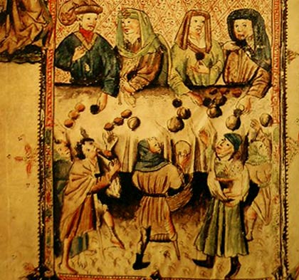 Aan een tafel achterin de kerk delen de dismeesters, na de mis, eten uit aan de armen van het dorp. Miniatuur, 1436. Gent, St. Jakobskerk