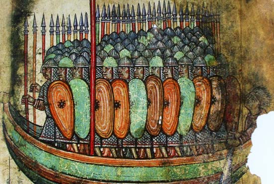 Een aanval van de Vikingen. Miniatuur 1100. Angers, Abdij St.-Aubin