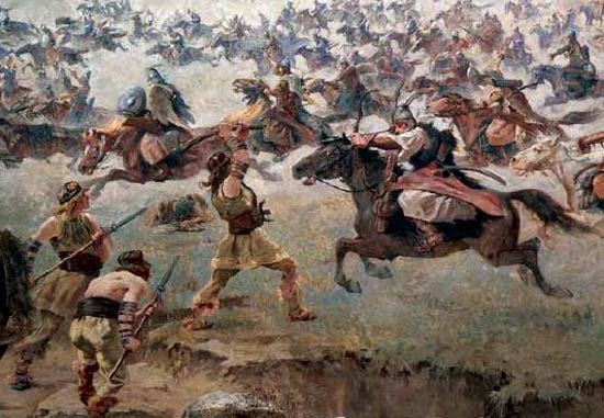 Een aanval van Hongaren. Arpad Feszty, 1892. Opusztaszer, National Memorial Park.