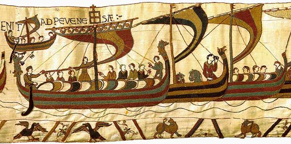 Vikingenvloot. Tapijt van koningin Mathilde, 11de eeuw. Bayeux, Centre Guillaume le Conqurant