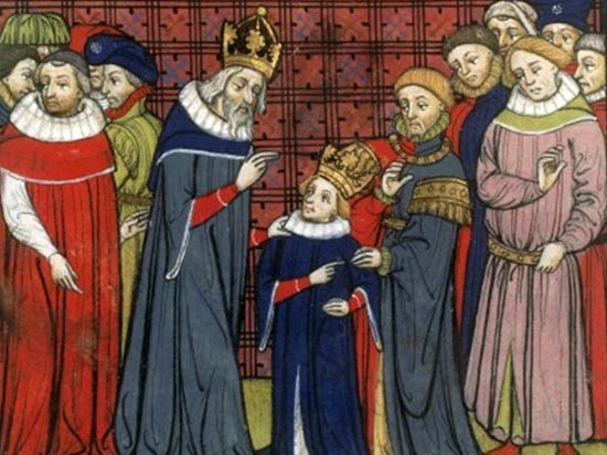 Karel de Grote en zijn  opvolger Lodewijk de Vrome. Miniatuur, 14de eeuw. Grandes Chroniques de France. Parijs, BN.